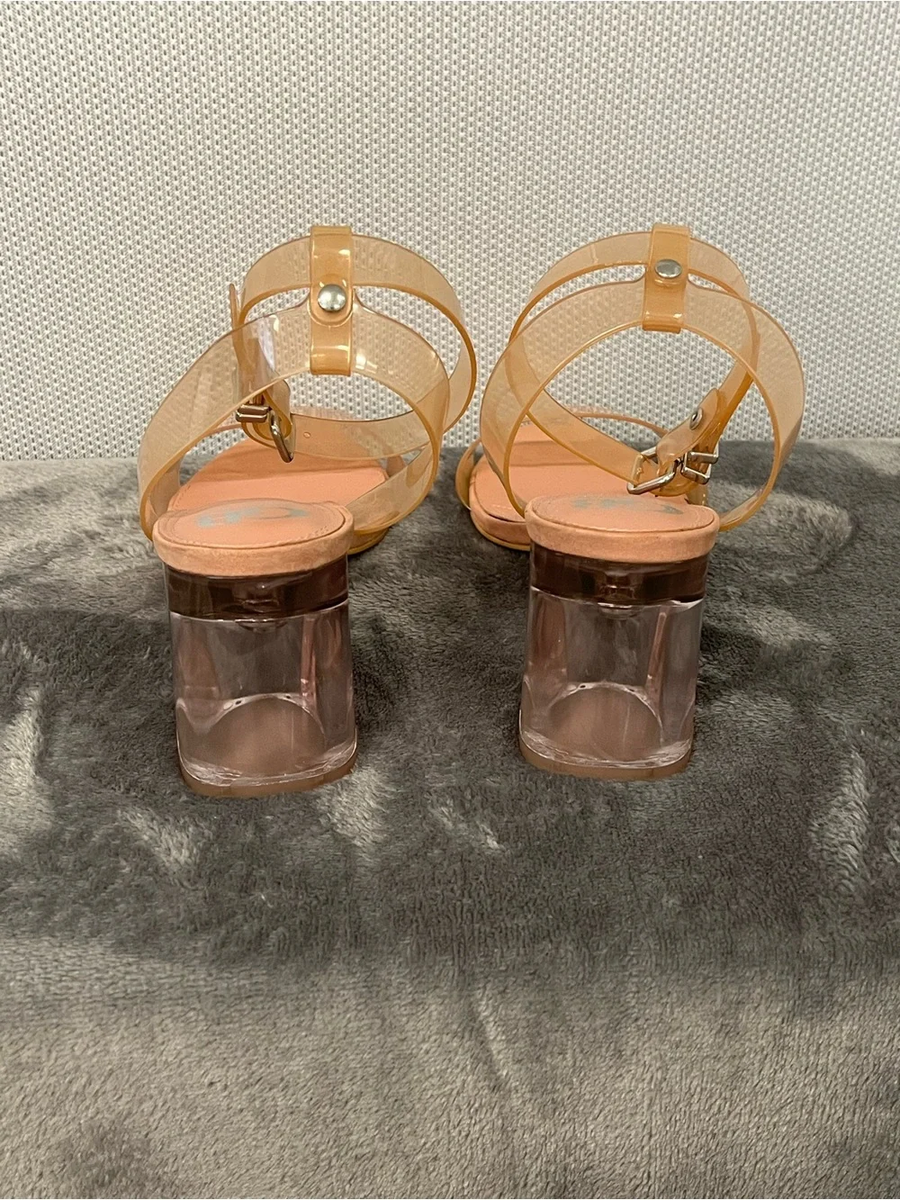 Gianni Bini Clear Block Heel Vinyl Strap Sandals in Nude. Padded footbed. 7.5